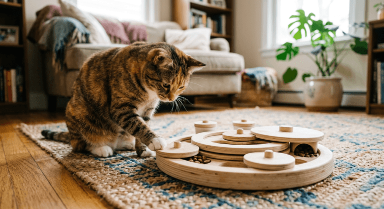 A cat in the room looking at the puzzle feeder, capturing the quiet moment that reflects how cats may feel abandoned when rehomed.